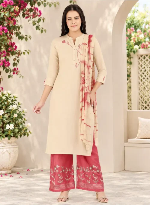 Elegant Floral Embroidered Kurti with Printed Palazzo & Dupatta Set