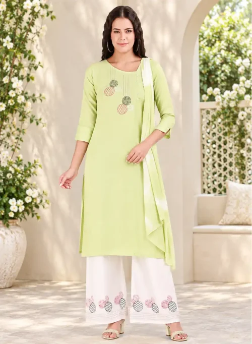 Pastel Green Printed Kurti with White Palazzo & Matching Dupatta Set
