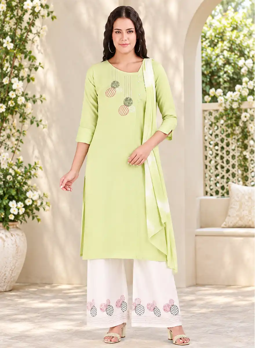 Pastel Green Printed Kurti with White Palazzo & Matching Dupatta Set