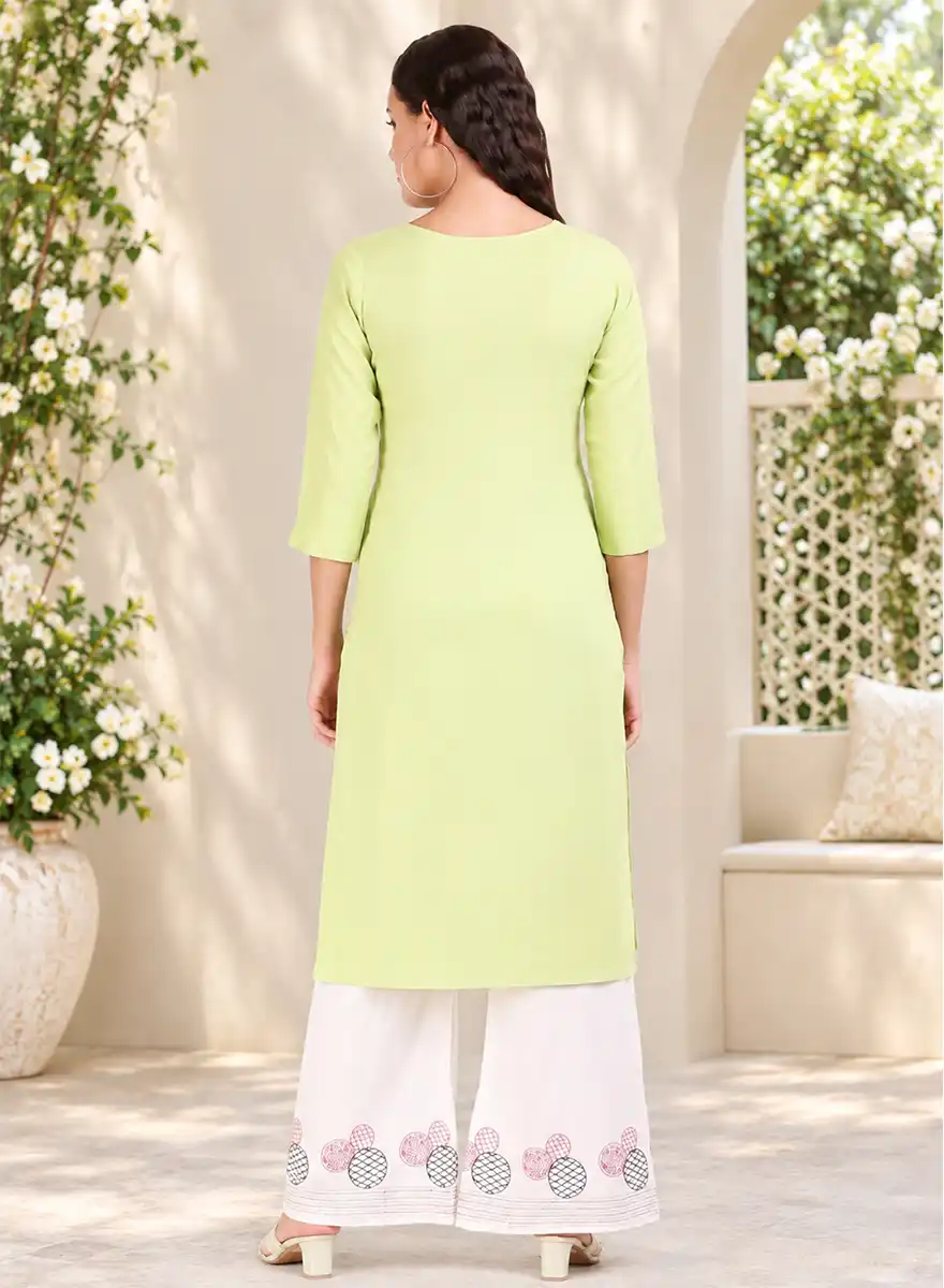 Pastel Green Printed Kurti with White Palazzo & Matching Dupatta Set - Image 2
