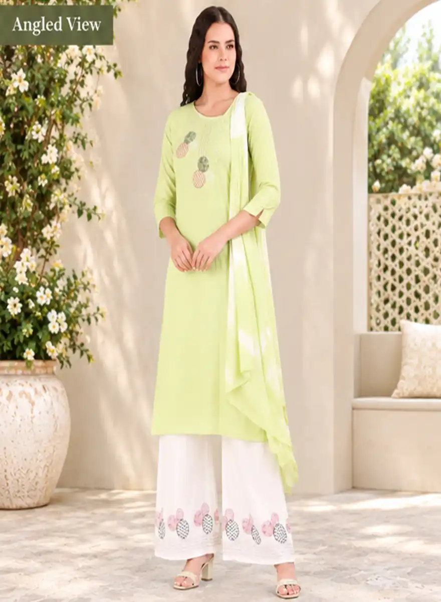 Pastel Green Printed Kurti with White Palazzo & Matching Dupatta Set - Image 3