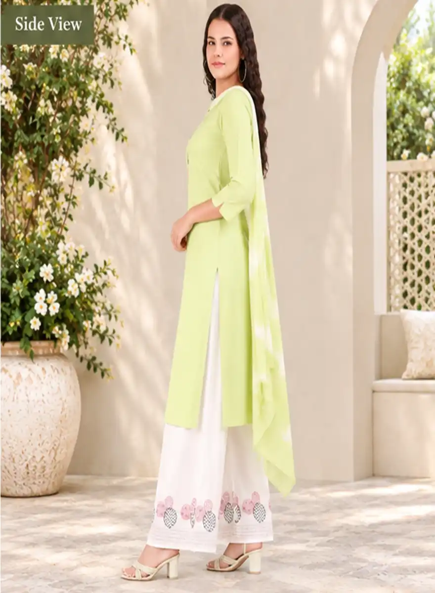 Pastel Green Printed Kurti with White Palazzo & Matching Dupatta Set - Image 4