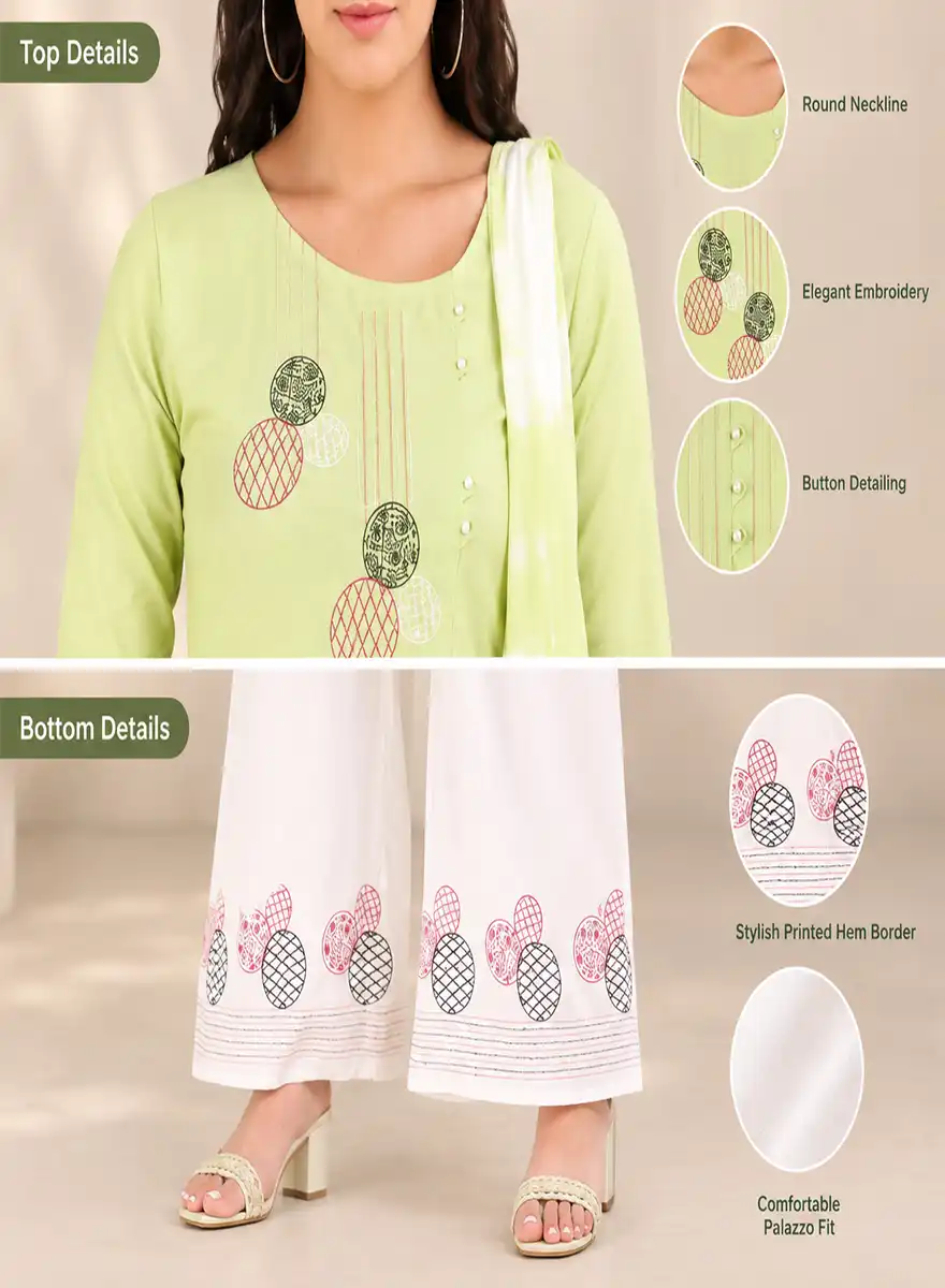 Pastel Green Printed Kurti with White Palazzo & Matching Dupatta Set - Image 5