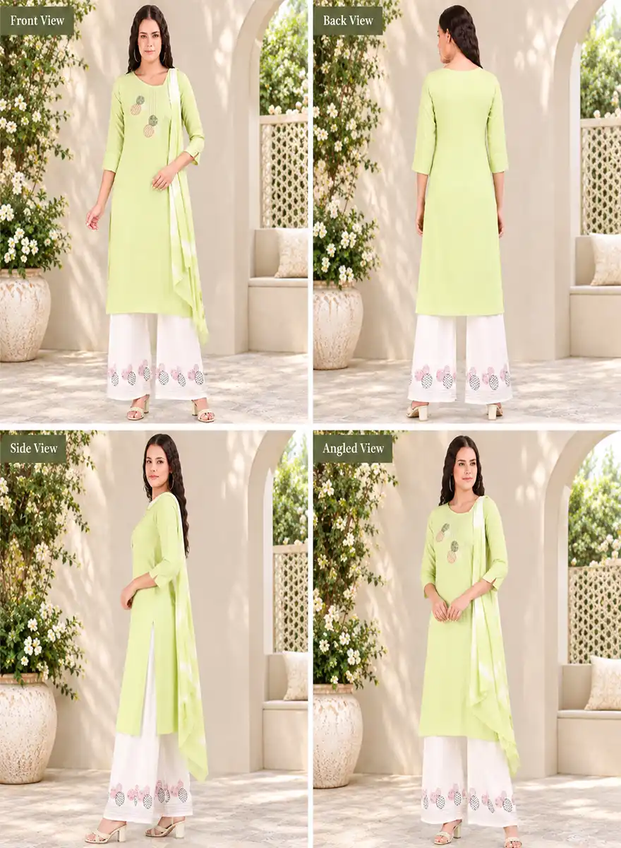 Pastel Green Printed Kurti with White Palazzo & Matching Dupatta Set - Image 6