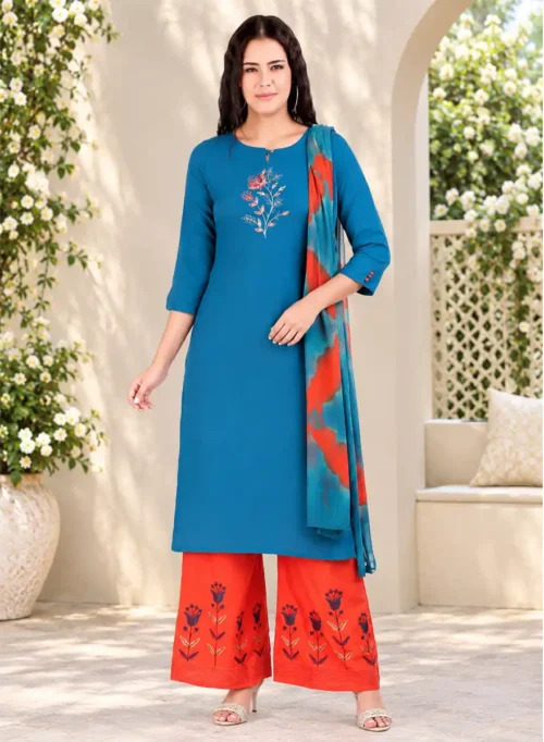 Women’s Teal Blue Printed Straight Kurti with Coral Palazzo & Dupatta Set