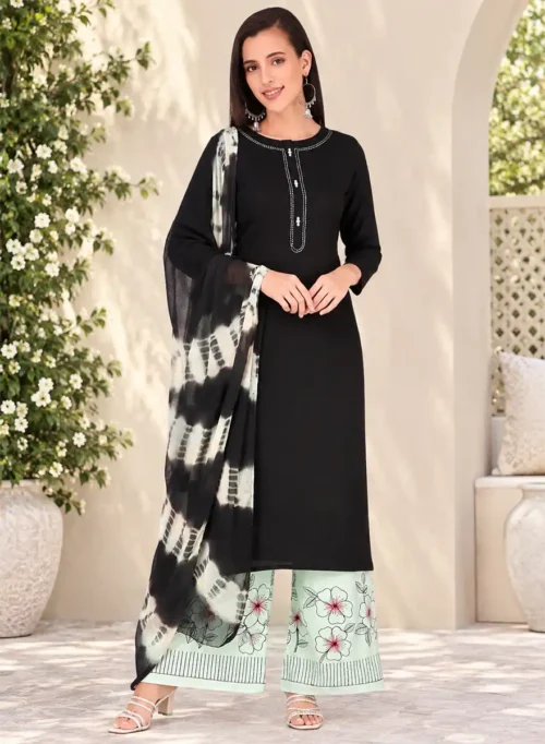 Women’s Black Straight Kurti with Mint Green Floral Palazzo & Printed Dupatta Set