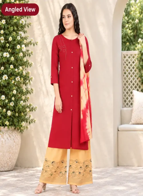 Red Straight Kurti with Mustard Printed Palazzo & Dupatta Set