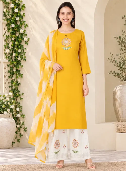 Mustard Yellow Straight Kurti with Floral Palazzo & Printed Dupatta Set