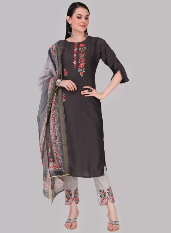 Davy Grey Designer Kurti with Pant & Dupatta