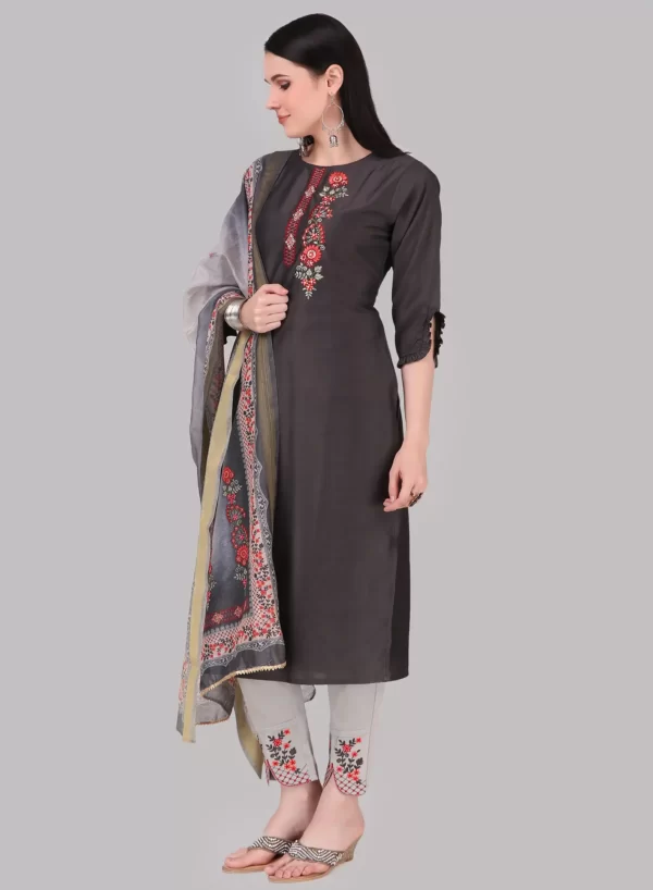 Davy Grey Designer Kurti with Pant & Dupatta - Image 3