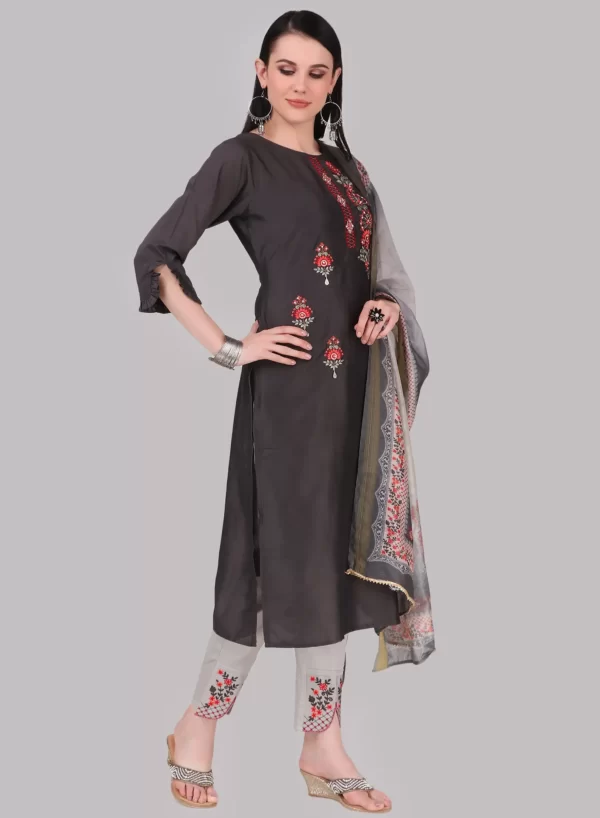 Davy Grey Designer Kurti with Pant & Dupatta - Image 2
