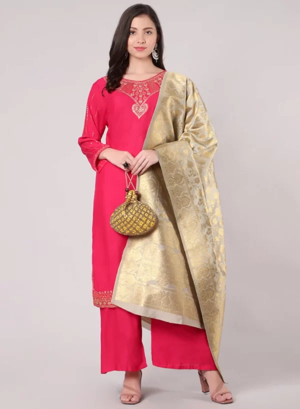 Deep Carmine Kurti Palazzo Set with Dupatta