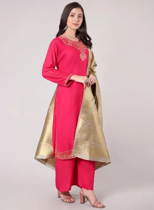 Deep Carmine Kurti Palazzo Set with Dupatta - Image 2