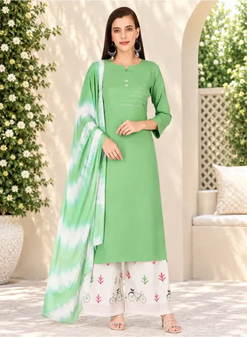 Pastel Green Straight Kurti with Printed Palazzo & Tie-Dye Dupatta Set