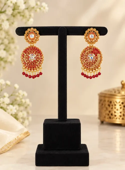 Traditional Gold-Tone Red Stone Dangler Earrings
