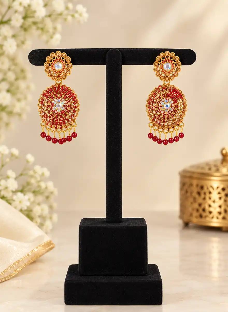 Traditional Gold-Tone Red Stone Dangler Earrings