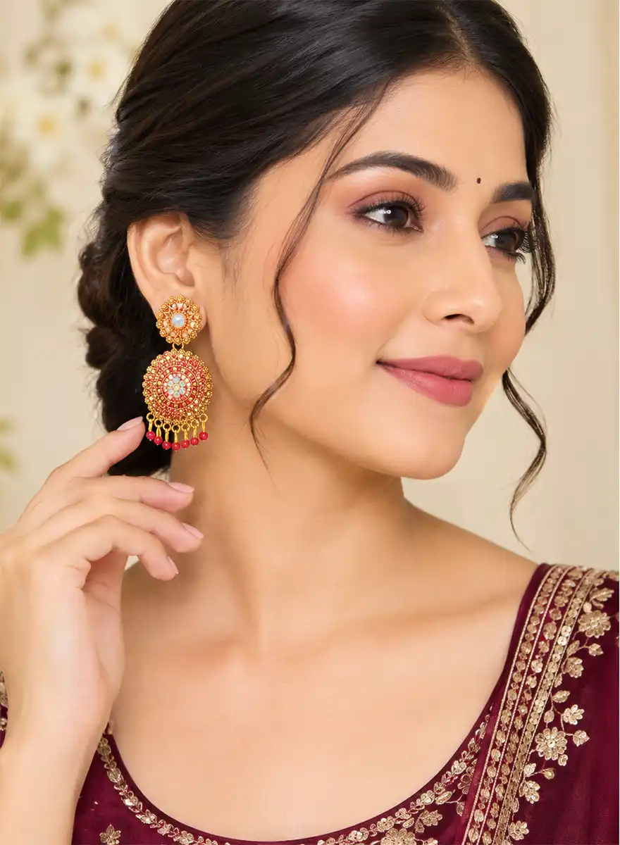 Traditional Gold-Tone Red Stone Dangler Earrings - Image 2