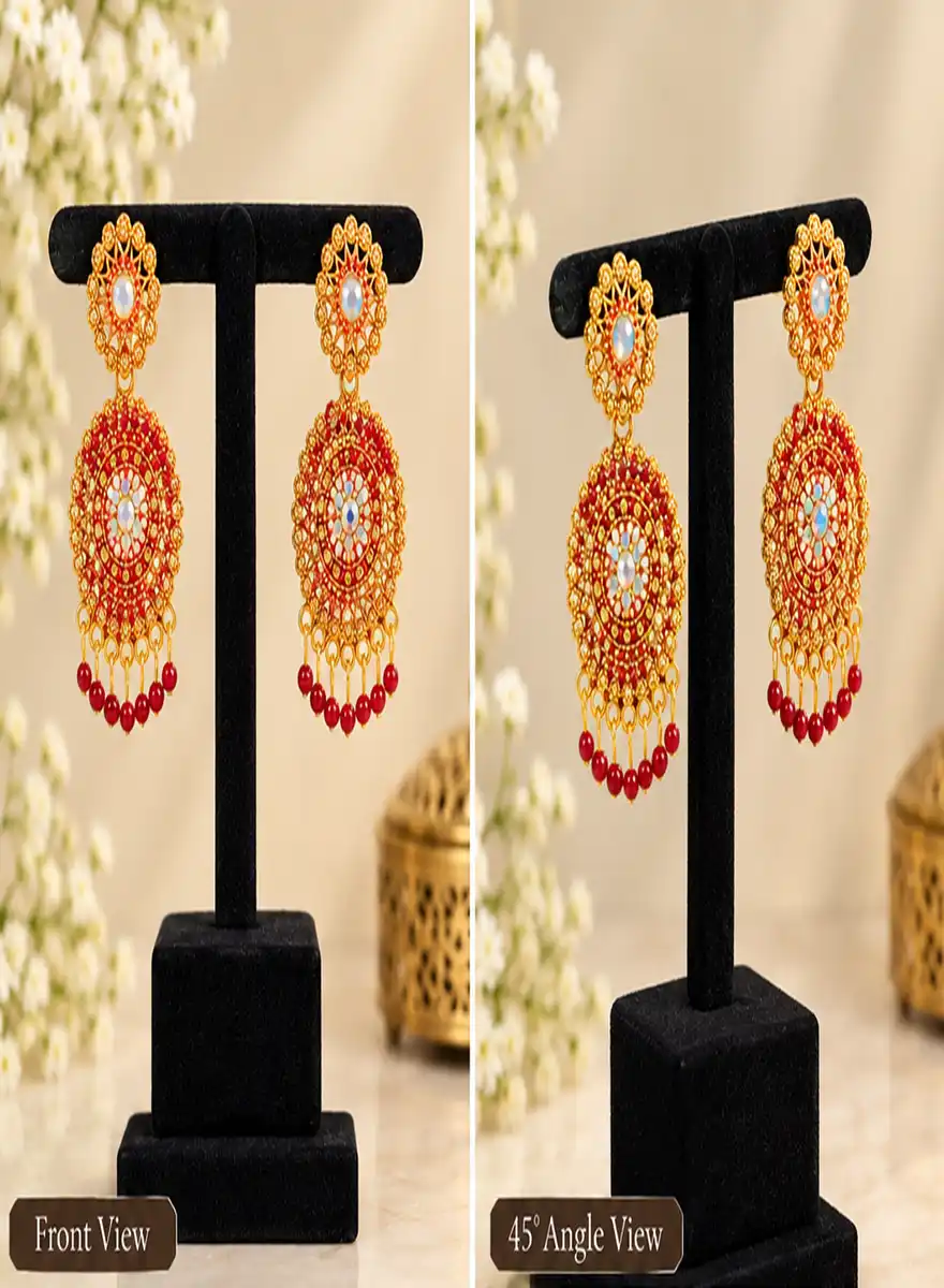 Traditional Gold-Tone Red Stone Dangler Earrings - Image 3