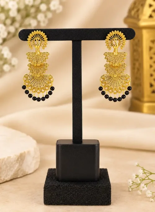 Gold-Plated Look Filigree Chandbali Earrings with Black Bead Drops