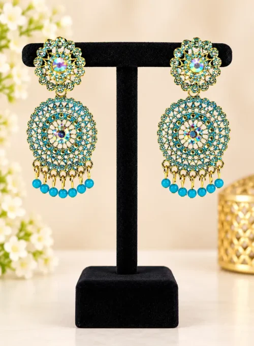 Turquoise Blue Stone Traditional Chandbali Dangle Earrings