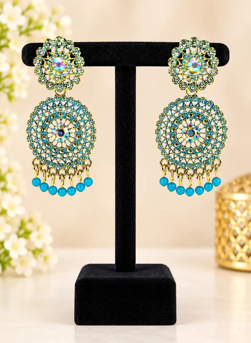 Turquoise Blue Stone Traditional Chandbali Dangle Earrings