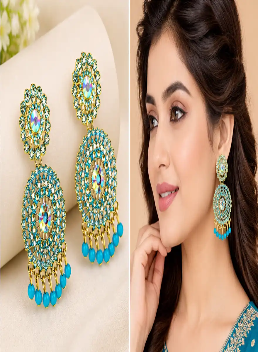Turquoise Blue Stone Traditional Chandbali Dangle Earrings - Image 2