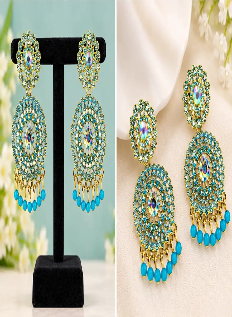 Turquoise Blue Stone Traditional Chandbali Dangle Earrings - Image 3