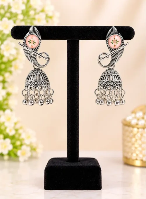 Silver Oxidised Jhumka Earrings with Pink Floral Studs and Hanging Bead