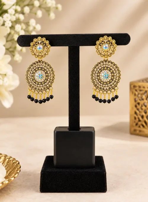 Traditional Gold-Plated Look Earrings with Green Beads & Multicolor Stone