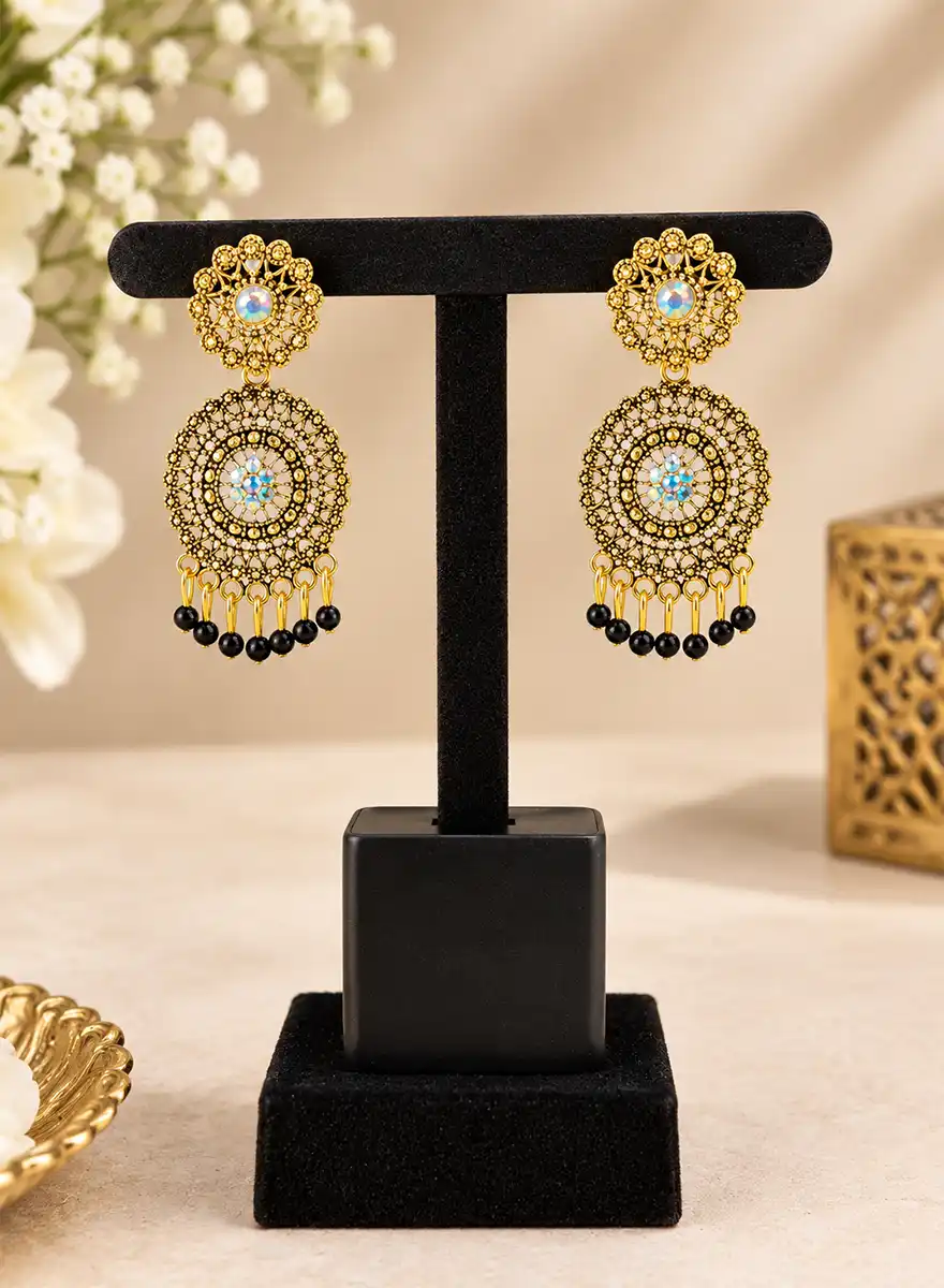 Traditional Gold-Plated Look Earrings with Green Beads & Multicolor Stone