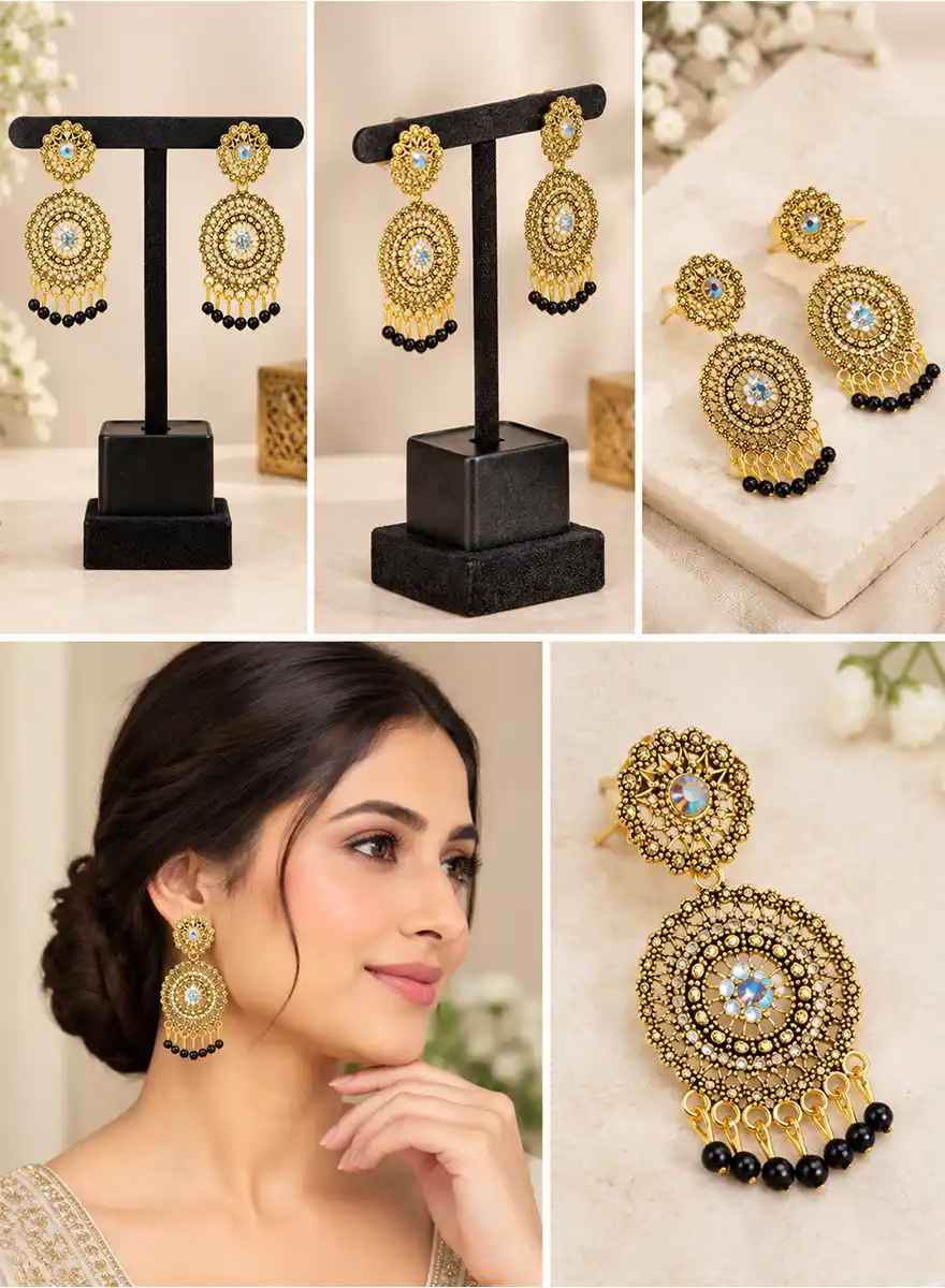 Traditional Gold-Plated Look Earrings with Green Beads & Multicolor Stone - Image 2