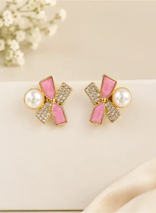 Pink Bow Design Stud Earrings with Pearl and Sparkling Crystal Work