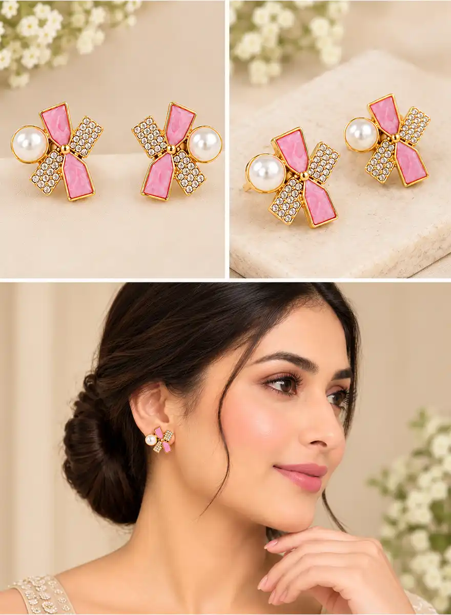 Elegant Silver Tone - Pearl and Crystal Stud Earrings - Image 2