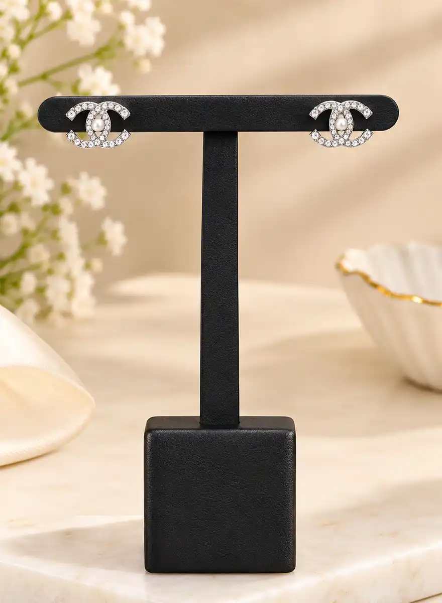 Elegant Silver Tone - Pearl and Crystal Stud Earrings