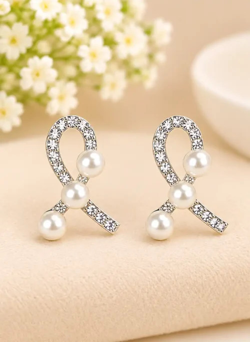 Elegant Silver-Tone Pearl and Crystal Ribbon Stud Earrings