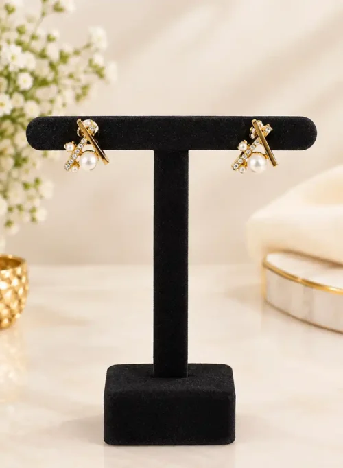 Elegant Gold-Tone Pearl & Crystal Stud Earrings